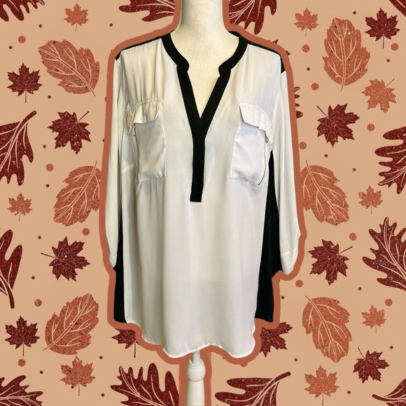 Lane Bryant Black & White Popover Roll-Tab Sleeve Blouse w/ Breast Pockets 26/28 - Picture 3 of 12